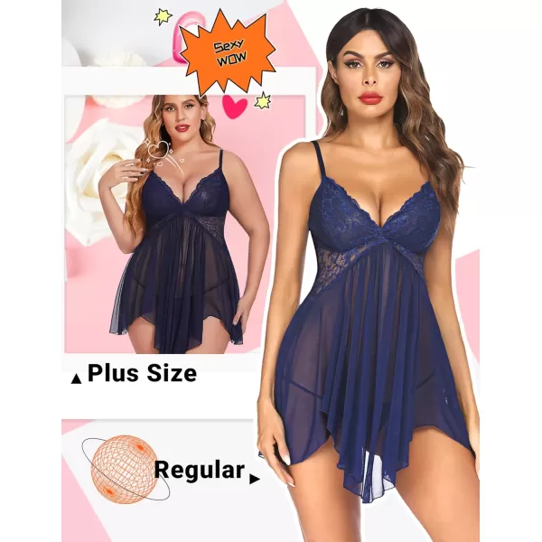 Avidlove Women Lingerie Lace Babydoll V Neck Sexy Sleepwear Strap ChemiseNavy Blue