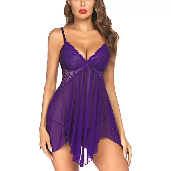 Avidlove Women Lingerie Lace Babydoll V Neck Sexy Sleepwear Strap ChemisePurple