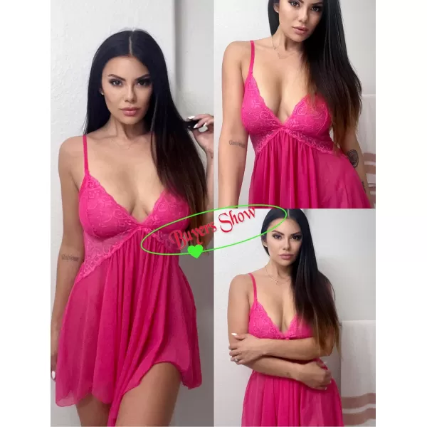 Avidlove Women Lingerie Lace Babydoll V Neck Sexy Sleepwear Strap ChemiseRose Red