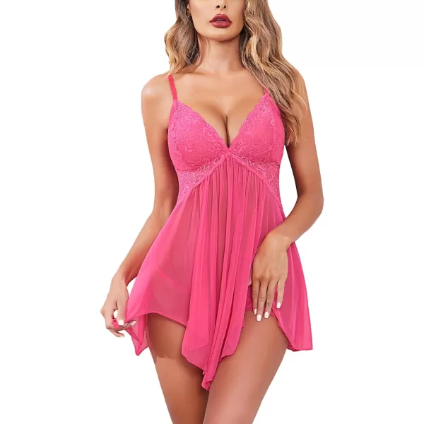 Avidlove Women Lingerie Lace Babydoll V Neck Sexy Sleepwear Strap ChemiseRose Red
