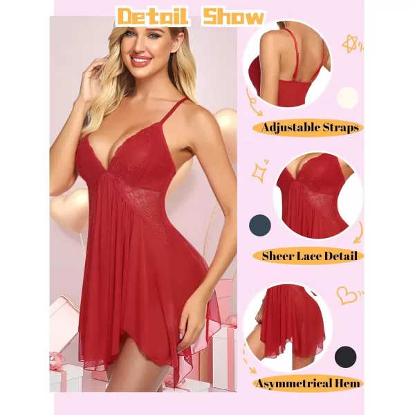 Avidlove Women Lingerie Lace Babydoll V Neck Sexy Sleepwear Strap ChemiseWine Red