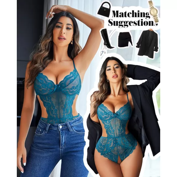 Avidlove Women Lingerie Lace Bodysuit Teddy Lingeries V Neck Cut Out One Piece Mini BabydollBlue Green