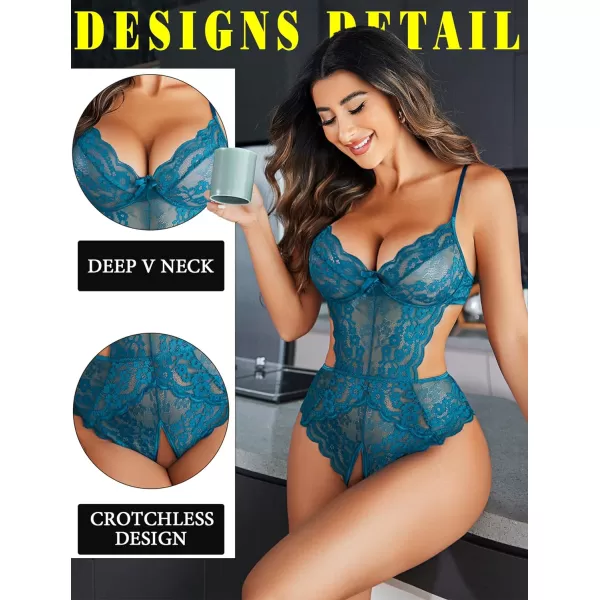 Avidlove Women Lingerie Lace Bodysuit Teddy Lingeries V Neck Cut Out One Piece Mini BabydollBlue Green