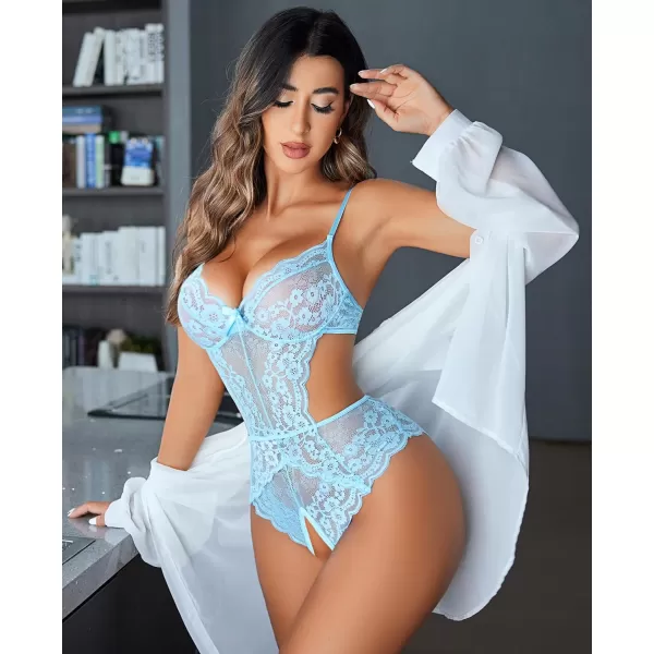 Avidlove Women Lingerie Lace Bodysuit Teddy Lingeries V Neck Cut Out One Piece Mini BabydollLight Blue