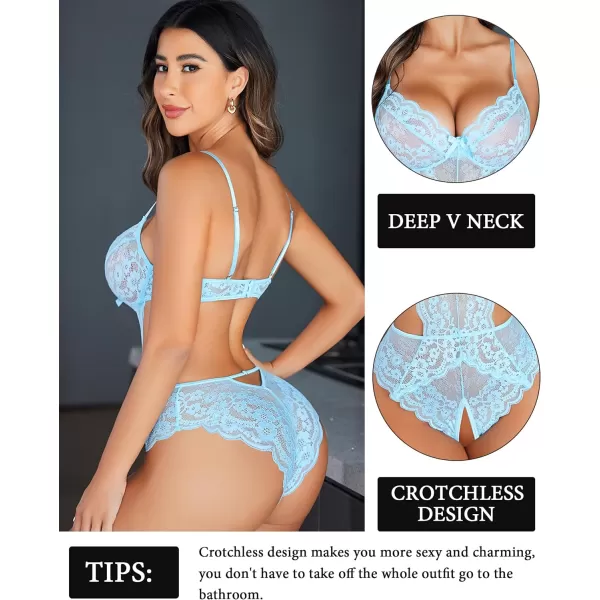 Avidlove Women Lingerie Lace Bodysuit Teddy Lingeries V Neck Cut Out One Piece Mini BabydollLight Blue