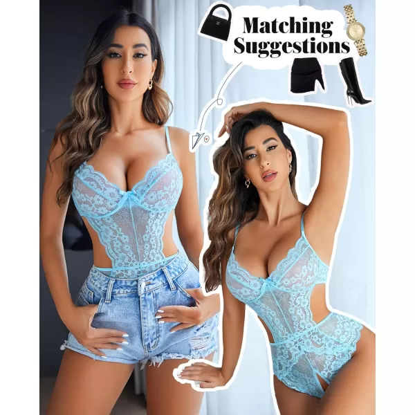 Avidlove Women Lingerie Lace Bodysuit Teddy Lingeries V Neck Cut Out One Piece Mini BabydollLight Blue