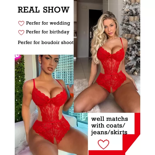 Avidlove Women Lingerie Lace Bodysuit Teddy Lingeries V Neck Cut Out One Piece Mini BabydollRed