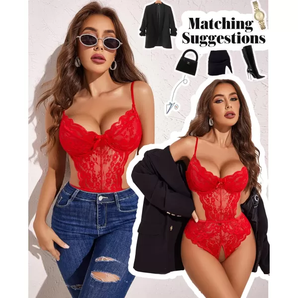 Avidlove Women Lingerie Lace Bodysuit Teddy Lingeries V Neck Cut Out One Piece Mini BabydollRed