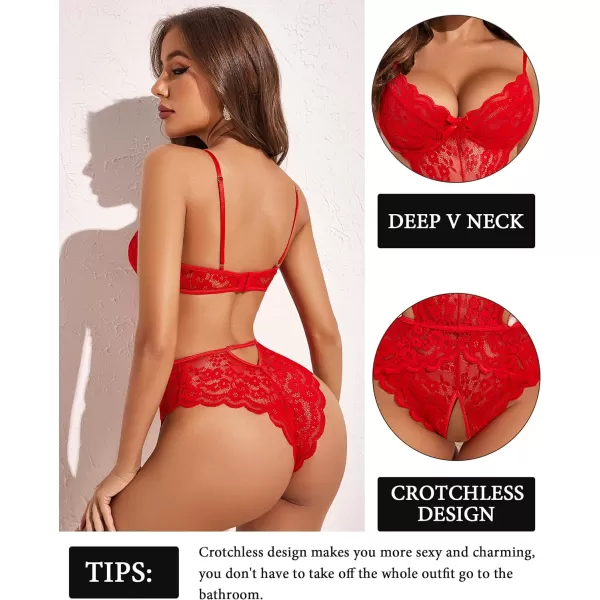 Avidlove Women Lingerie Lace Bodysuit Teddy Lingeries V Neck Cut Out One Piece Mini BabydollRed