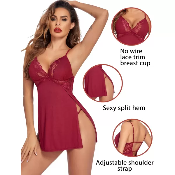 Avidlove Women Lingerie Lace Chemise Sexy Nightgown Modal Babydoll Side Slit Sleepwear1wine Red