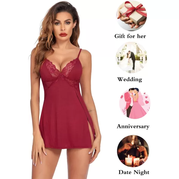 Avidlove Women Lingerie Lace Chemise Sexy Nightgown Modal Babydoll Side Slit Sleepwear1wine Red