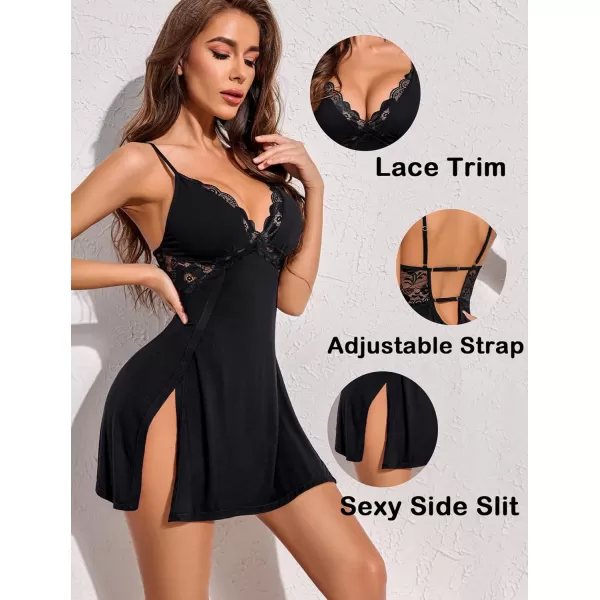 Avidlove Women Lingerie Lace Chemise Sexy Nightgown Modal Babydoll Side Slit SleepwearBlack