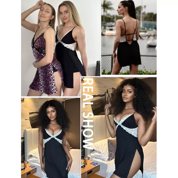 Avidlove Women Lingerie Lace Chemise Sexy Nightgown Modal Babydoll Side Slit SleepwearBlackampwhite