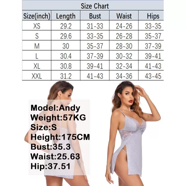 Avidlove Women Lingerie Lace Chemise Sexy Nightgown Modal Babydoll Side Slit SleepwearGrey