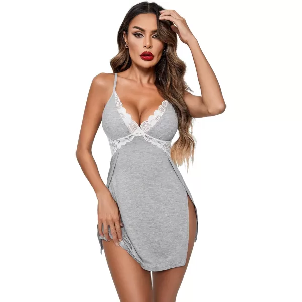 Avidlove Women Lingerie Lace Chemise Sexy Nightgown Modal Babydoll Side Slit SleepwearGreyampwhite