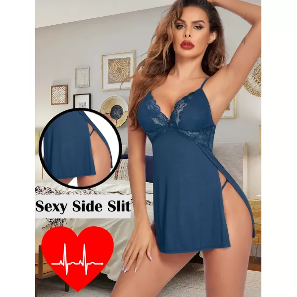 Avidlove Women Lingerie Lace Chemise Sexy Nightgown Modal Babydoll Side Slit SleepwearPeacock Blue