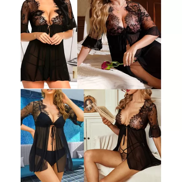 Avidlove Women Lingerie Open Front Babydoll Lace Chemise Sleepwear Sheer Mesh Robe1 Ablack