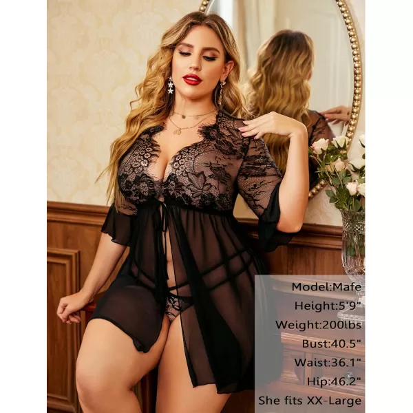 Avidlove Women Lingerie Open Front Babydoll Lace Chemise Sleepwear Sheer Mesh Robe1 Ablack