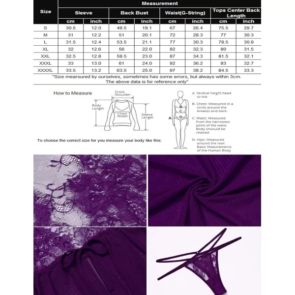 Avidlove Women Lingerie Open Front Babydoll Lace Chemise Sleepwear Sheer Mesh Robe1 Purple