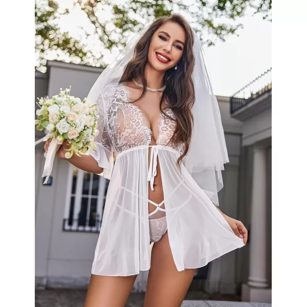 Avidlove Women Lingerie Open Front Babydoll Lace Chemise Sleepwear Sheer Mesh Robe1 White