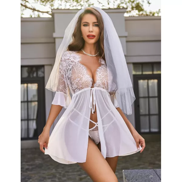 Avidlove Women Lingerie Open Front Babydoll Lace Chemise Sleepwear Sheer Mesh Robe1 White