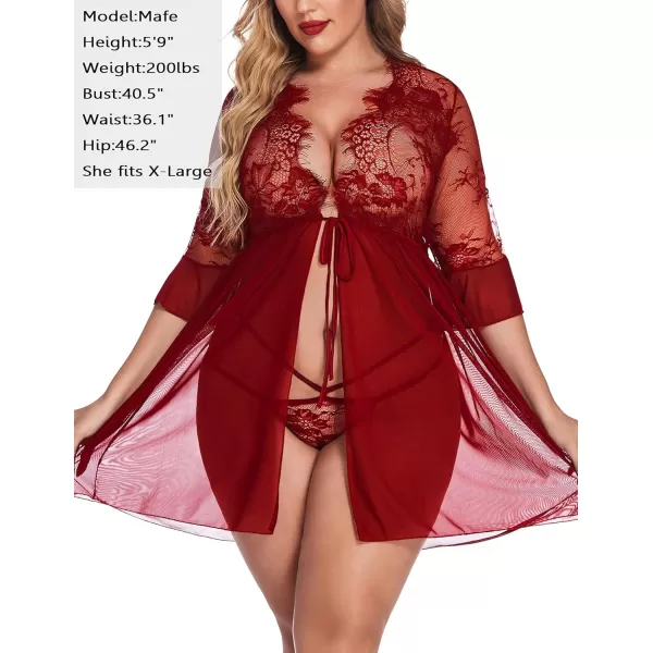 Avidlove Women Lingerie Open Front Babydoll Lace Chemise Sleepwear Sheer Mesh Robe1 Wine Red