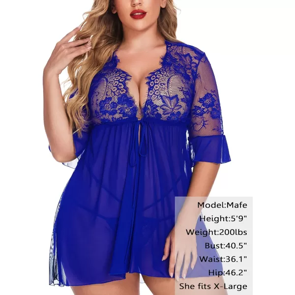 Avidlove Women Lingerie Open Front Babydoll Lace Chemise Sleepwear Sheer Mesh RobeBlue