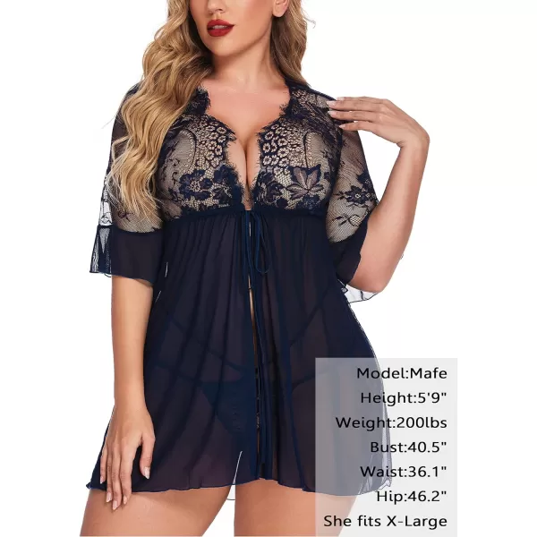 Avidlove Women Lingerie Open Front Babydoll Lace Chemise Sleepwear Sheer Mesh RobeNavy Blue