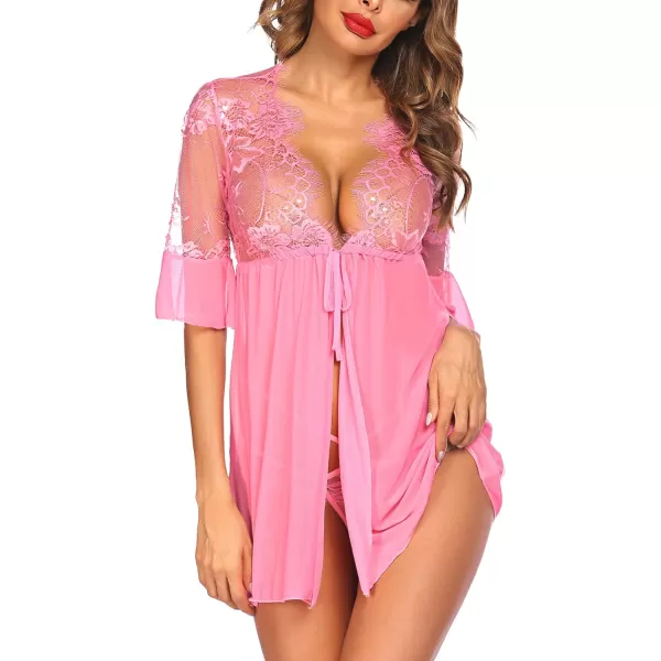 Avidlove Women Lingerie Open Front Babydoll Lace Chemise Sleepwear Sheer Mesh RobePink