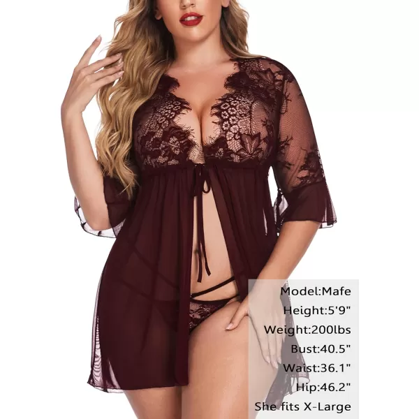 Avidlove Women Lingerie Open Front Babydoll Lace Chemise Sleepwear Sheer Mesh RobeRed Bronze