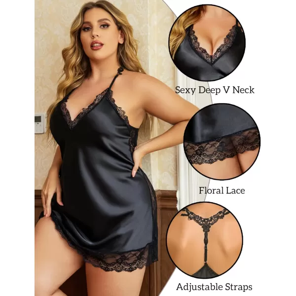 Avidlove Women Lingerie Plus Size Satin Lace Chemise Nightgown Sexy Full Slips Sleepwear L4XL1 Black