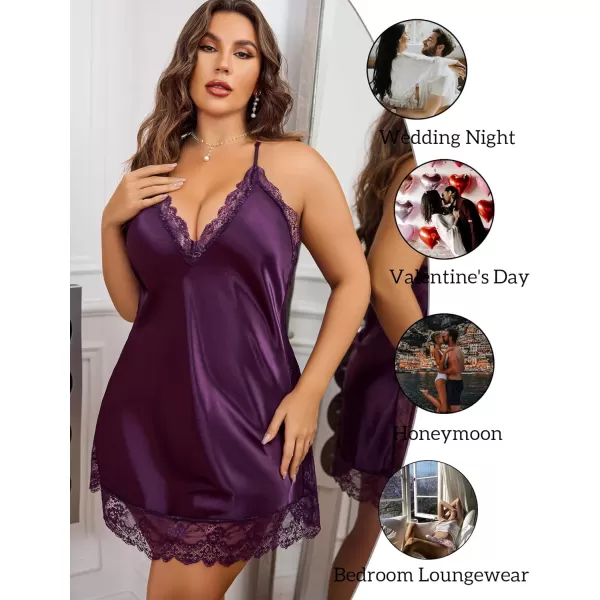 Avidlove Women Lingerie Plus Size Satin Lace Chemise Nightgown Sexy Full Slips Sleepwear L4XL1 Purple