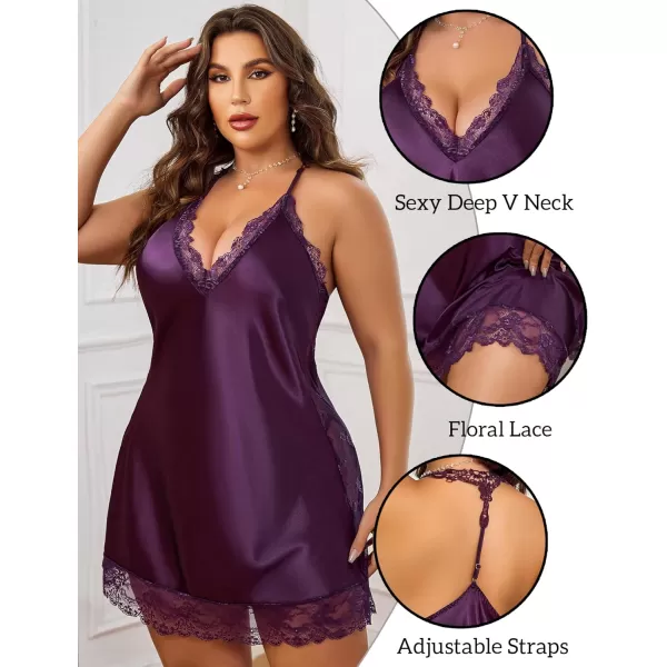 Avidlove Women Lingerie Plus Size Satin Lace Chemise Nightgown Sexy Full Slips Sleepwear L4XL1 Purple