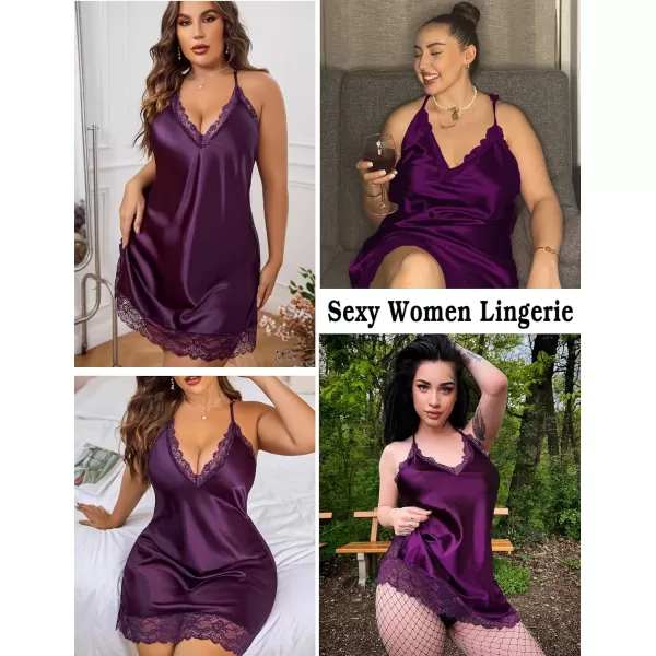 Avidlove Women Lingerie Plus Size Satin Lace Chemise Nightgown Sexy Full Slips Sleepwear L4XL1 Purple