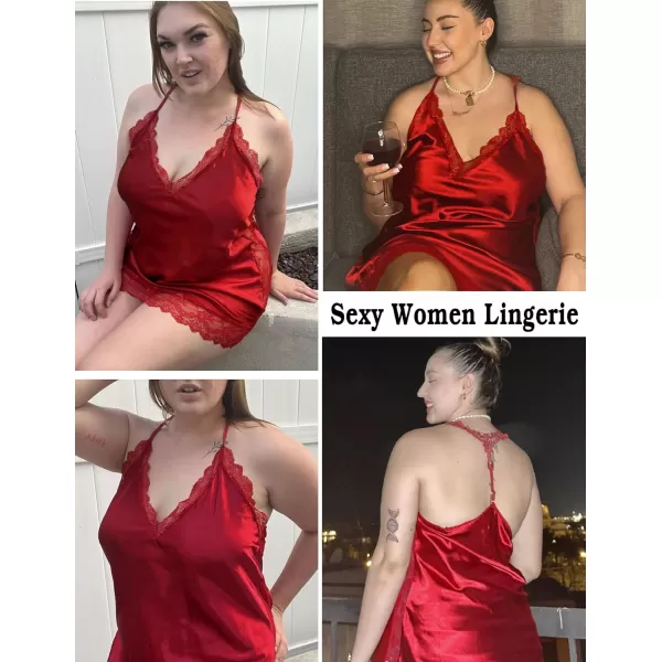 Avidlove Women Lingerie Plus Size Satin Lace Chemise Nightgown Sexy Full Slips Sleepwear L4XL1 Red