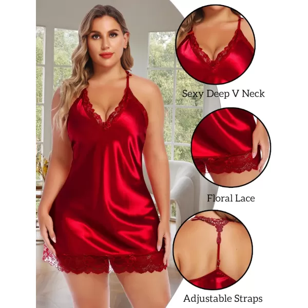 Avidlove Women Lingerie Plus Size Satin Lace Chemise Nightgown Sexy Full Slips Sleepwear L4XL1 Red