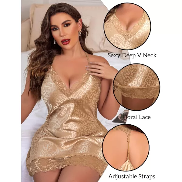 Avidlove Women Lingerie Plus Size Satin Lace Chemise Nightgown Sexy Full Slips Sleepwear L4XLApricot Leopard