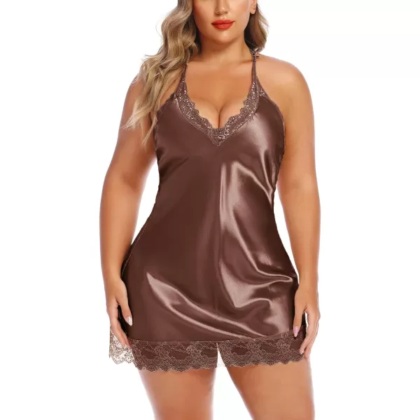 Avidlove Women Lingerie Plus Size Satin Lace Chemise Nightgown Sexy Full Slips Sleepwear L4XLBrown