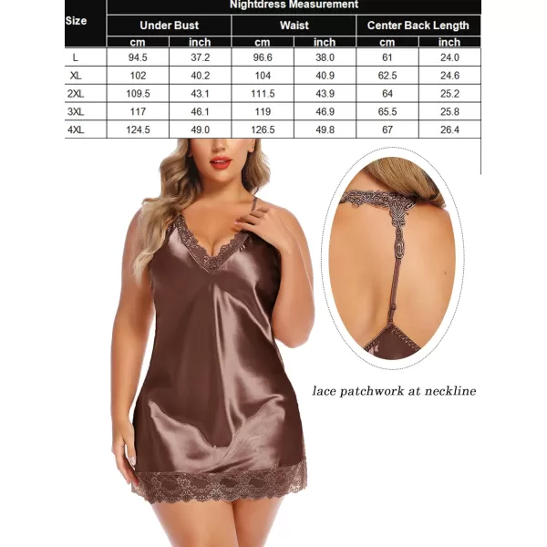 Avidlove Women Lingerie Plus Size Satin Lace Chemise Nightgown Sexy Full Slips Sleepwear L4XLBrown