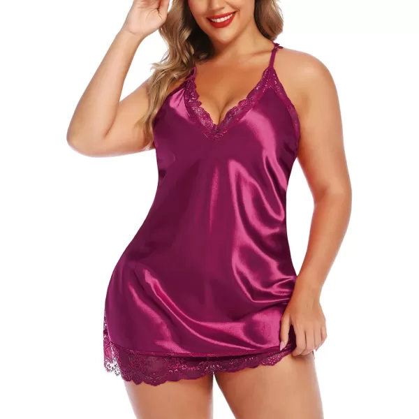 Avidlove Women Lingerie Plus Size Satin Lace Chemise Nightgown Sexy Full Slips Sleepwear L4XLCherry Red