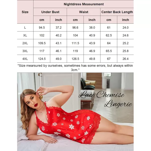 Avidlove Women Lingerie Plus Size Satin Lace Chemise Nightgown Sexy Full Slips Sleepwear L4XLChristmas Red