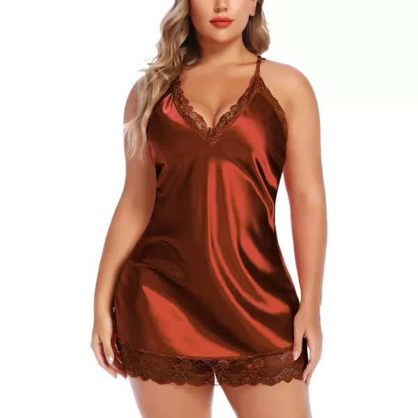 Avidlove Women Lingerie Plus Size Satin Lace Chemise Nightgown Sexy Full Slips Sleepwear L4XLDark Brown
