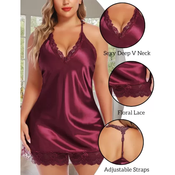 Avidlove Women Lingerie Plus Size Satin Lace Chemise Nightgown Sexy Full Slips Sleepwear L4XLDark Red