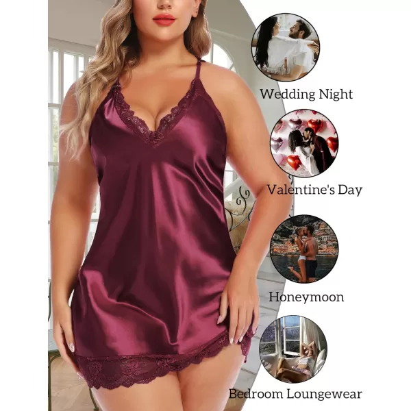 Avidlove Women Lingerie Plus Size Satin Lace Chemise Nightgown Sexy Full Slips Sleepwear L4XLDark Red