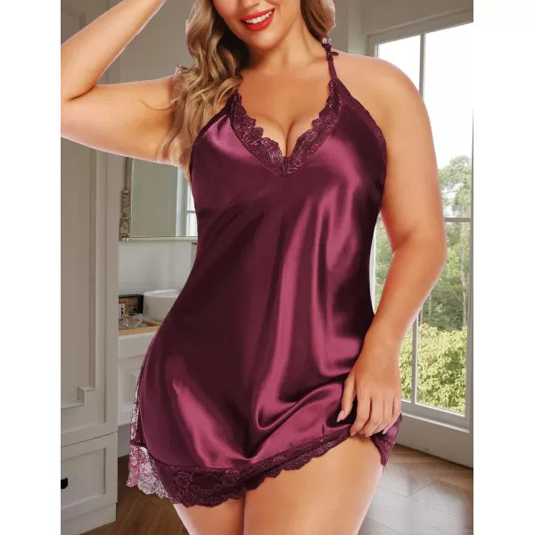 Avidlove Women Lingerie Plus Size Satin Lace Chemise Nightgown Sexy Full Slips Sleepwear L4XLDark Red