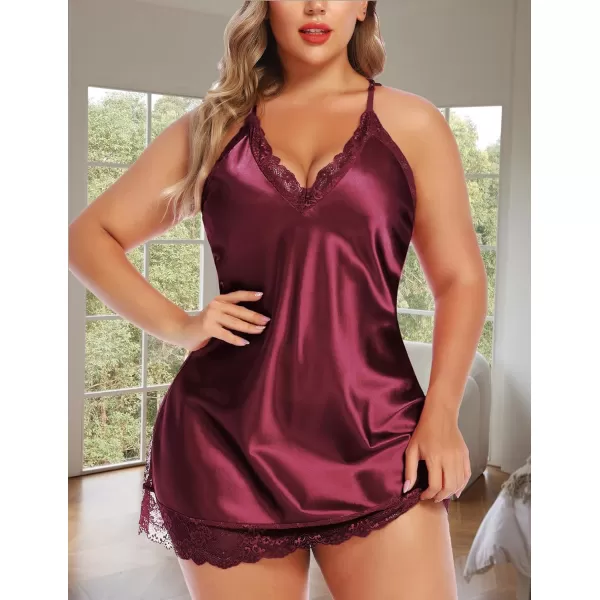 Avidlove Women Lingerie Plus Size Satin Lace Chemise Nightgown Sexy Full Slips Sleepwear L4XLDark Red