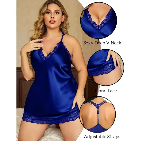 Avidlove Women Lingerie Plus Size Satin Lace Chemise Nightgown Sexy Full Slips Sleepwear L4XLDrak Blue