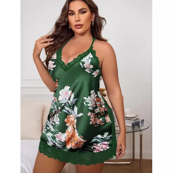 Avidlove Women Lingerie Plus Size Satin Lace Chemise Nightgown Sexy Full Slips Sleepwear L4XLGreen Floral