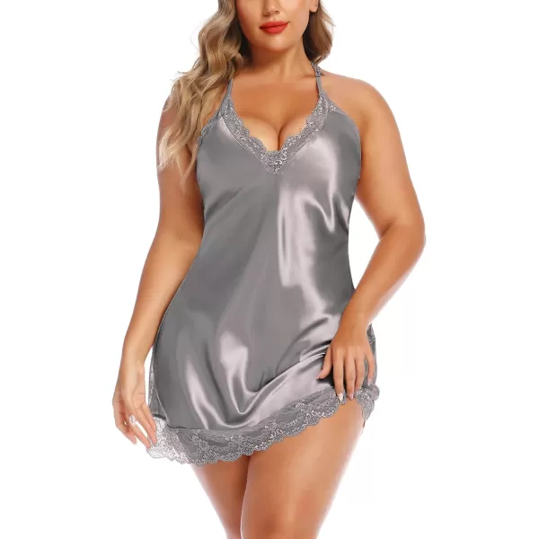 Avidlove Women Lingerie Plus Size Satin Lace Chemise Nightgown Sexy Full Slips Sleepwear L4XLGrey