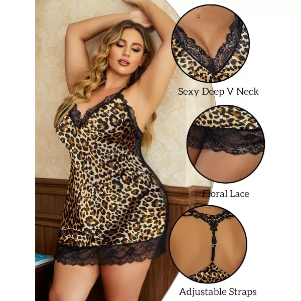 Avidlove Women Lingerie Plus Size Satin Lace Chemise Nightgown Sexy Full Slips Sleepwear L4XLLeopard Print